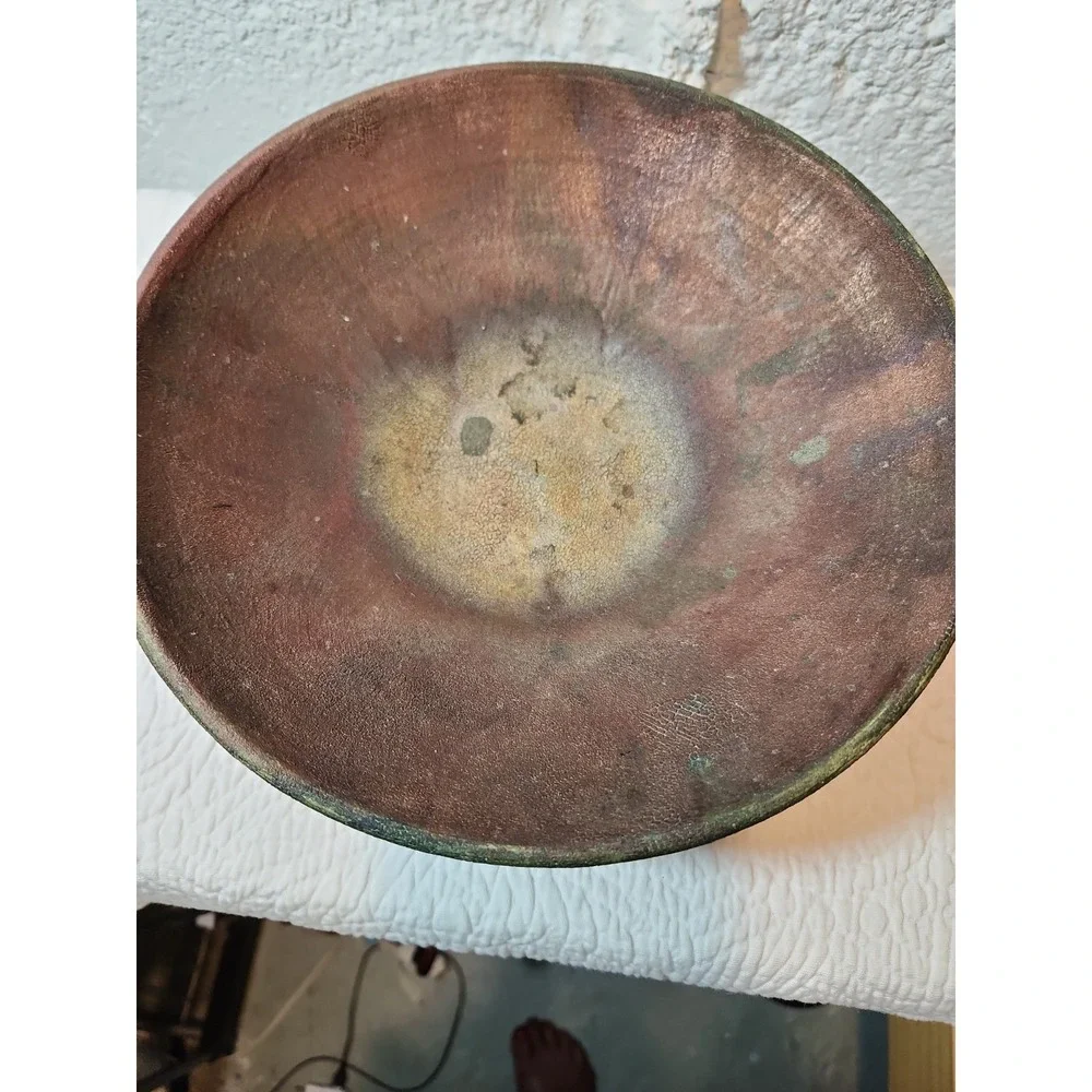 Large Raku Fired Centerpiece Bowl. Copper and Green Hues. Makers Mark. 9